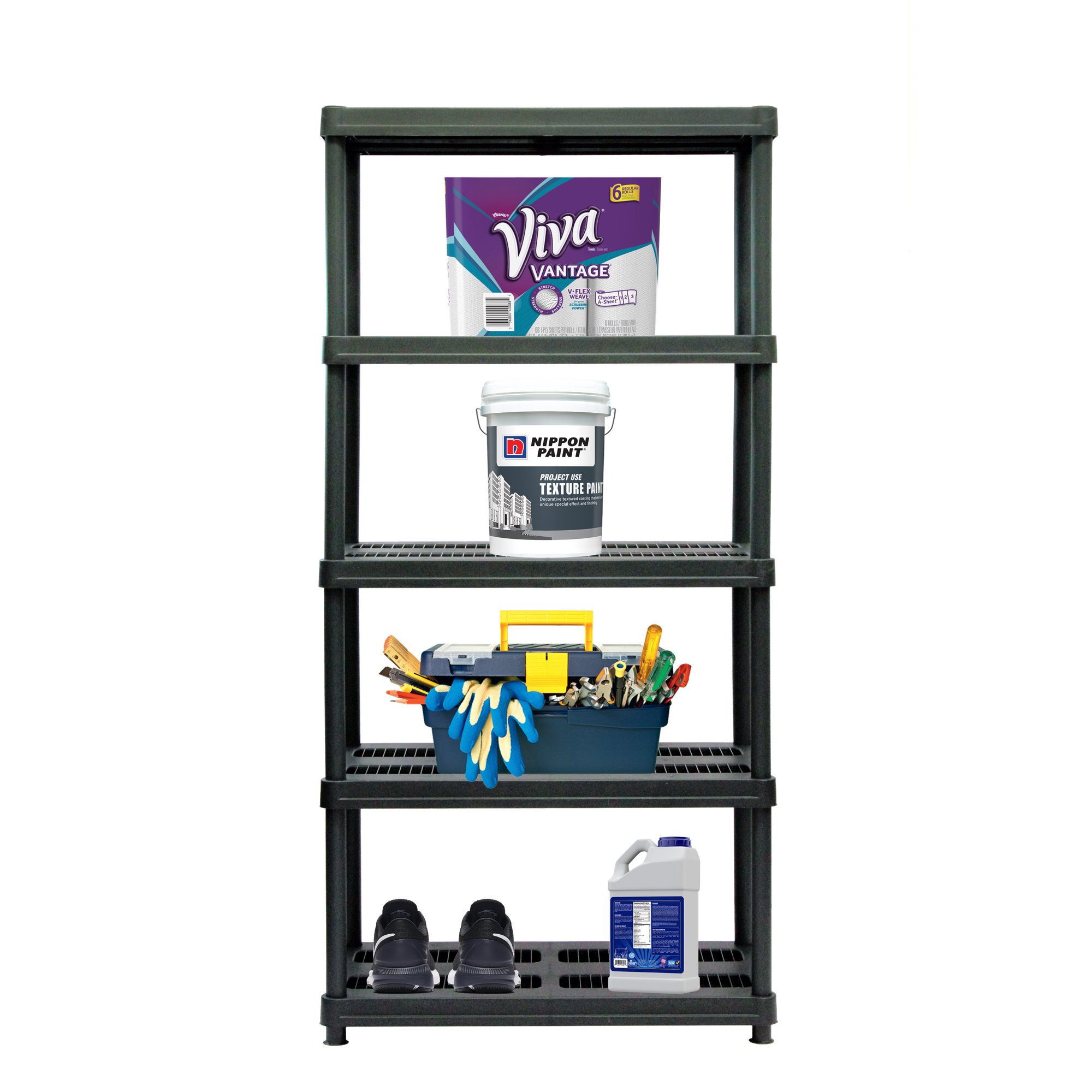 Juggernaut Storage 36″W x 18″D x 72″H 5-Shelf Resin Shelving. 750 lb Capacity. Black