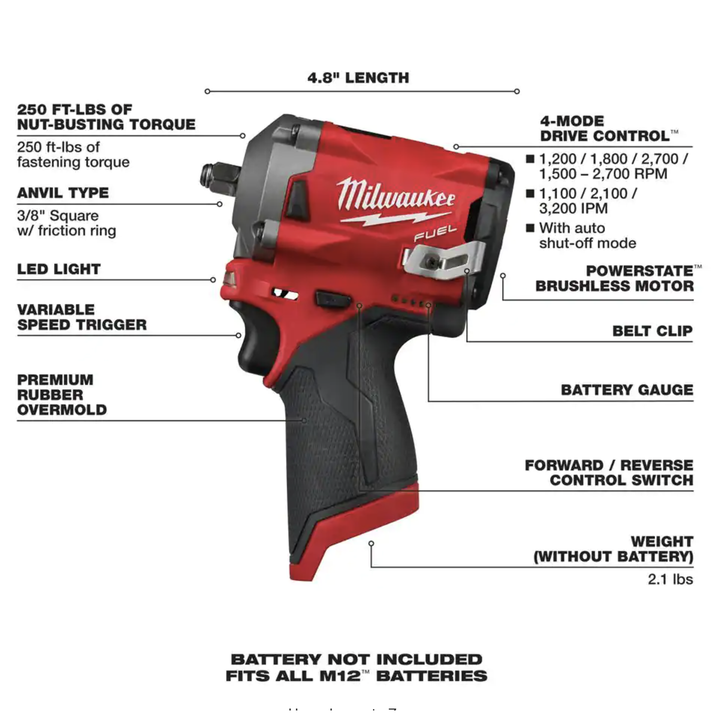 Milwaukee M12 FUEL 12V Lithium-Ion Brushless Cordless Stubby 3/8 in. Impact Wrench. Tool-Only (2554-20)