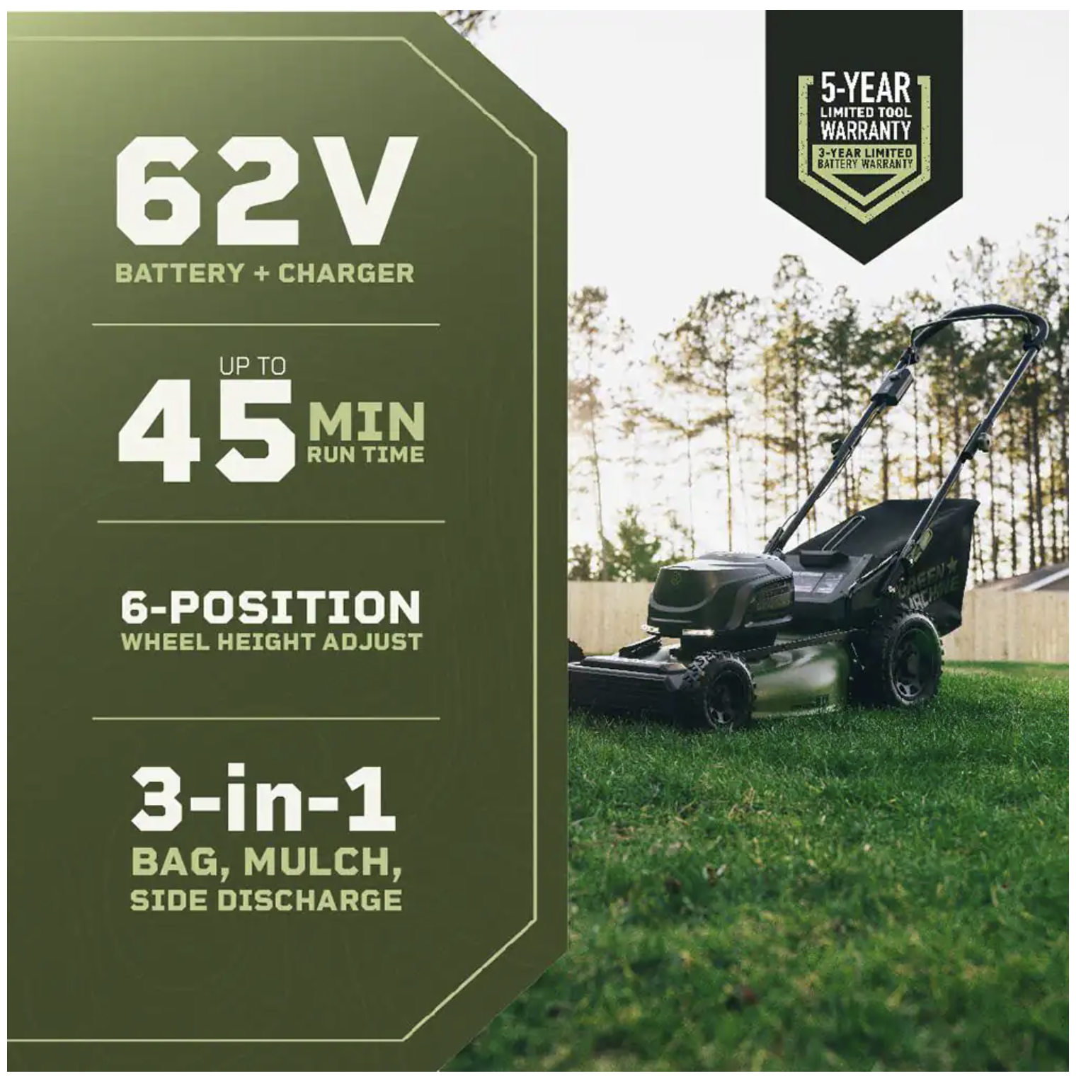 Green Machine GMPM6200 62V Cordless 3-in-1 High Wheel Push Walk Behind Mower. 22 In. Cutting Width with 4Ah Battery & Rapid Charger