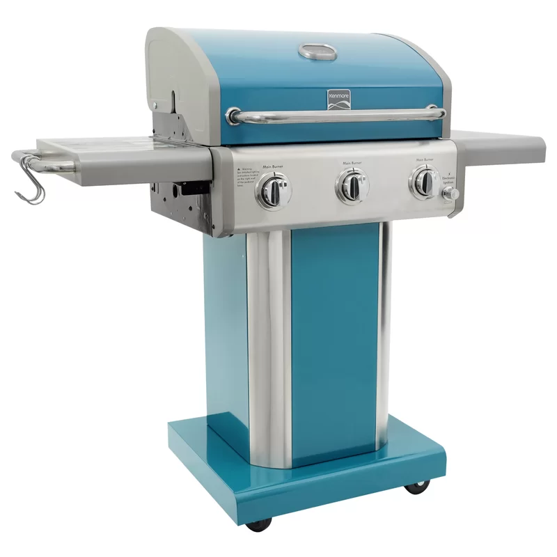 Kenmore 3-Burner Compact Liquid Propane Gas Grill with Foldable Side Tables. Teal