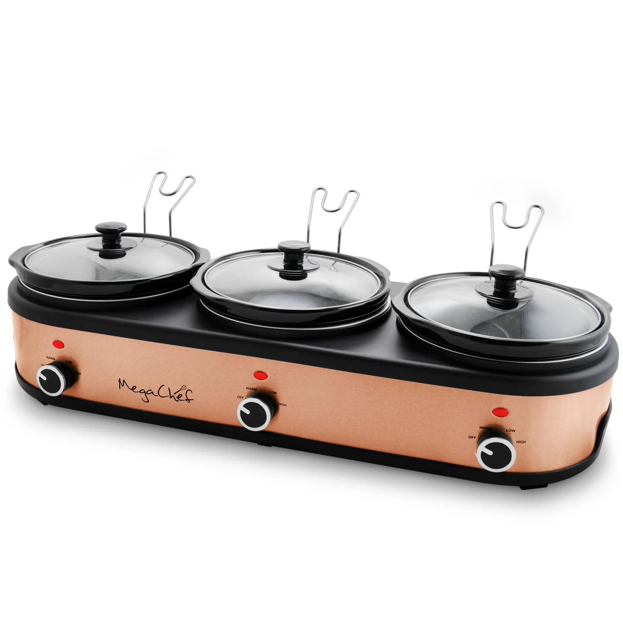 MegaChef Triple 2.5 Quart Slow Cooker and Buffet Server with 3 Ceramic Cooking Pots and Removable Lid Rests. Brushed Copper