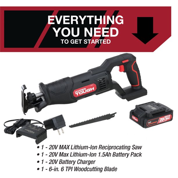 Hyper Tough 20V Max Lithium-ion Cordless Reciprocating Saw. Variable Speed. Keyless Blade Change