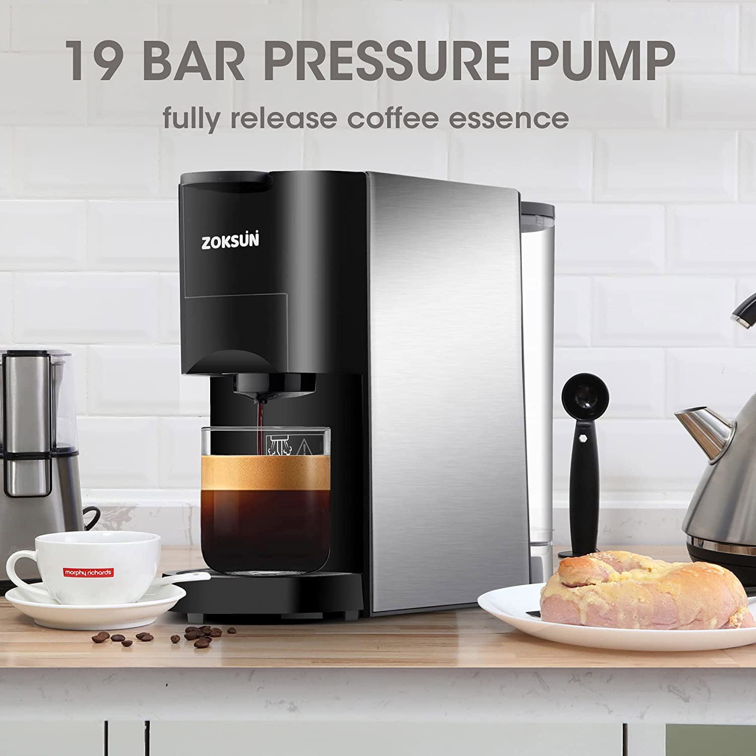 Zoksun 19 Bar Capsule Espresso Machine. 3-in-1 Coffee Machine for Nespresso Capsules OriginalLine. Dolce Gusto Coffee Pods & Ground Espresso