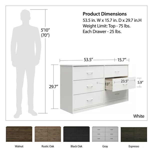 Mainstays Classic 6 Drawer Dresser. Dove Gray