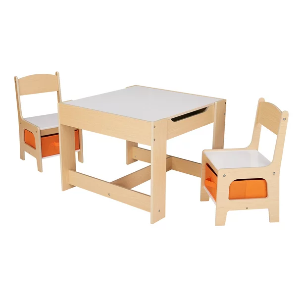 Senda Kids Wooden Storage Table and Chairs Set. Natural Color. Melamine. 3 Piece