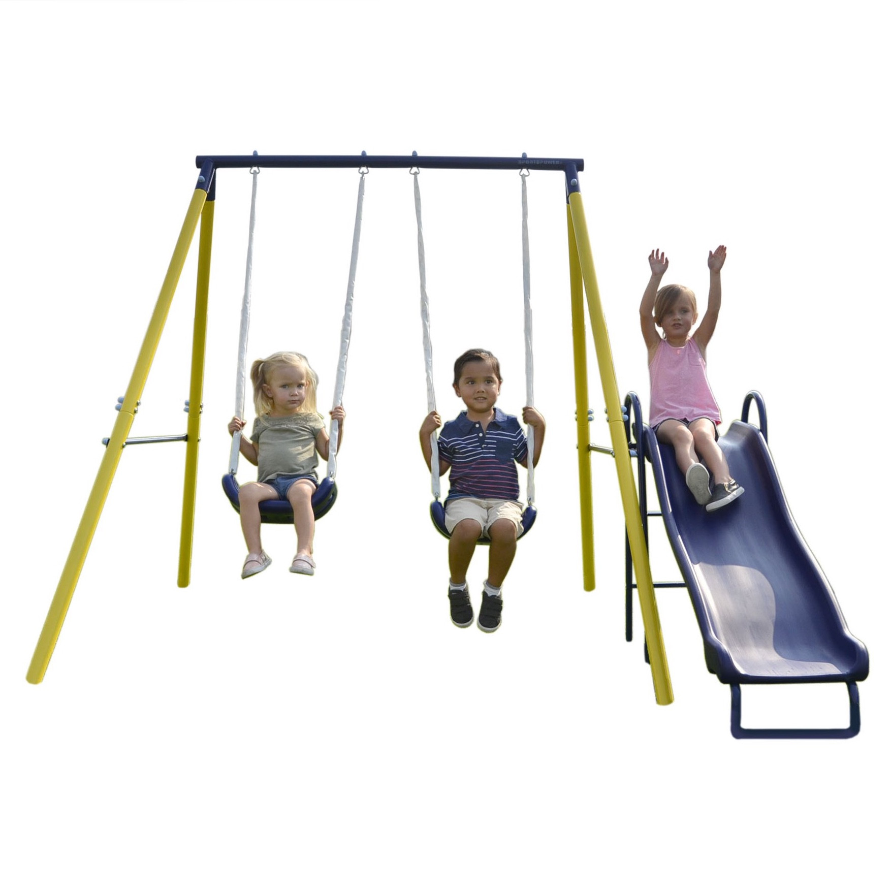 Sportspower Power Play Time Metal Swing Set with 5ft Heavy Duty Slide and Two Swings