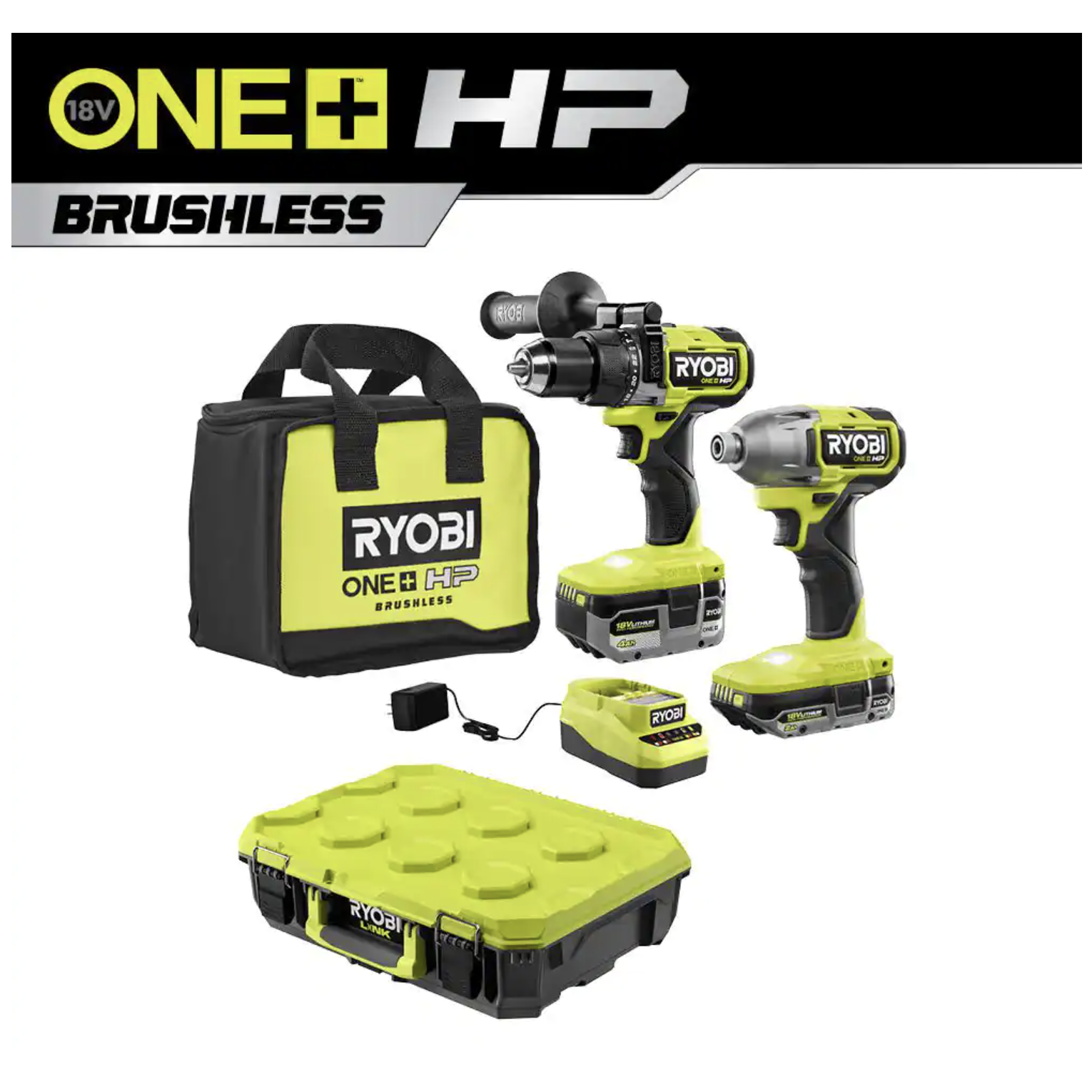 Ryobi ONE+ HP 18V Brushless Cordless Hammer Drill & Impact Driver Kit w/Batteries. Charger & Bag w/LINK Standard Tool Box (PBLCK02K-STM101)
