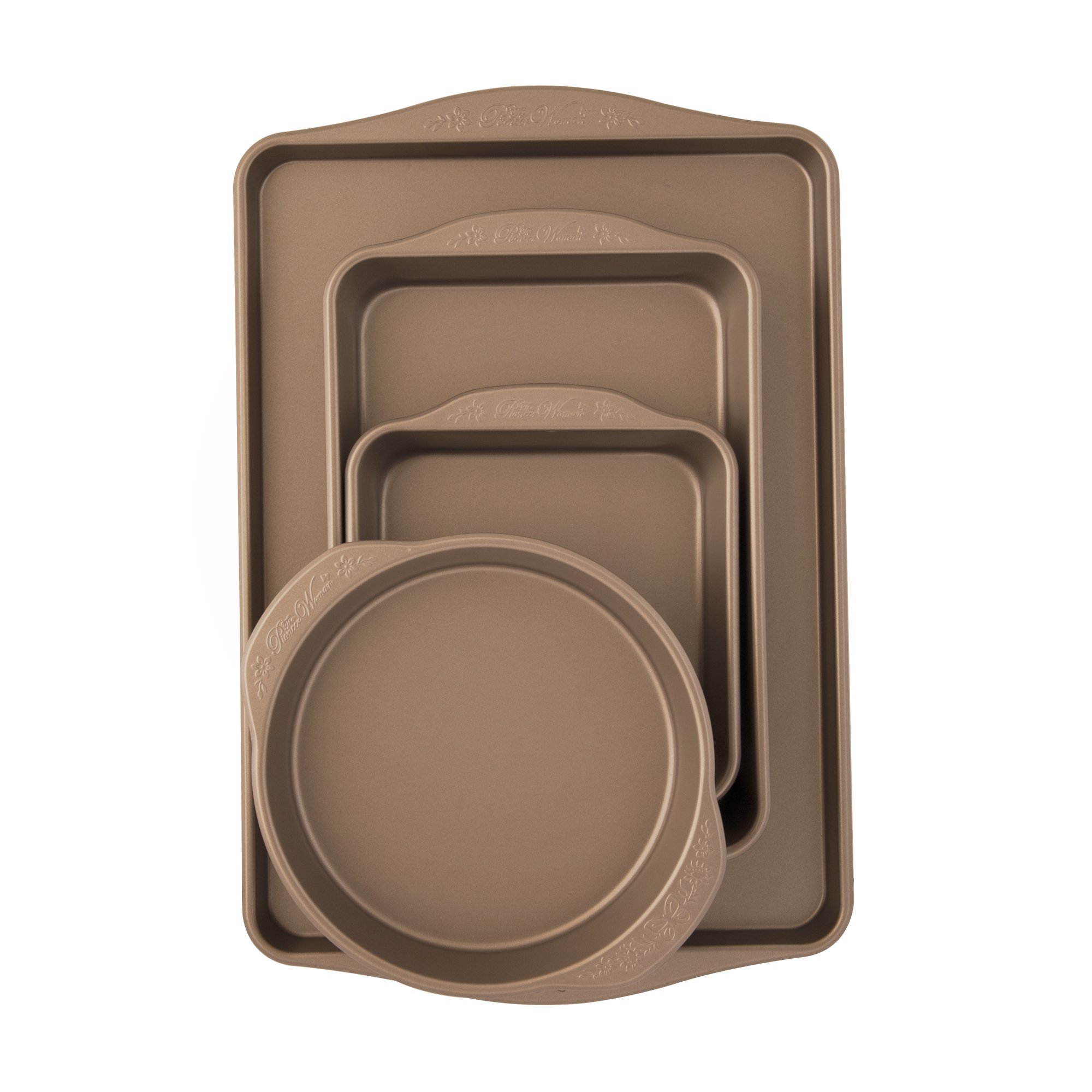 The Pioneer Woman 4-Piece Nonstick Metal Bakeware Bundle. 9 Round. 9×13. 8 Square. and Large Cookie Sheet