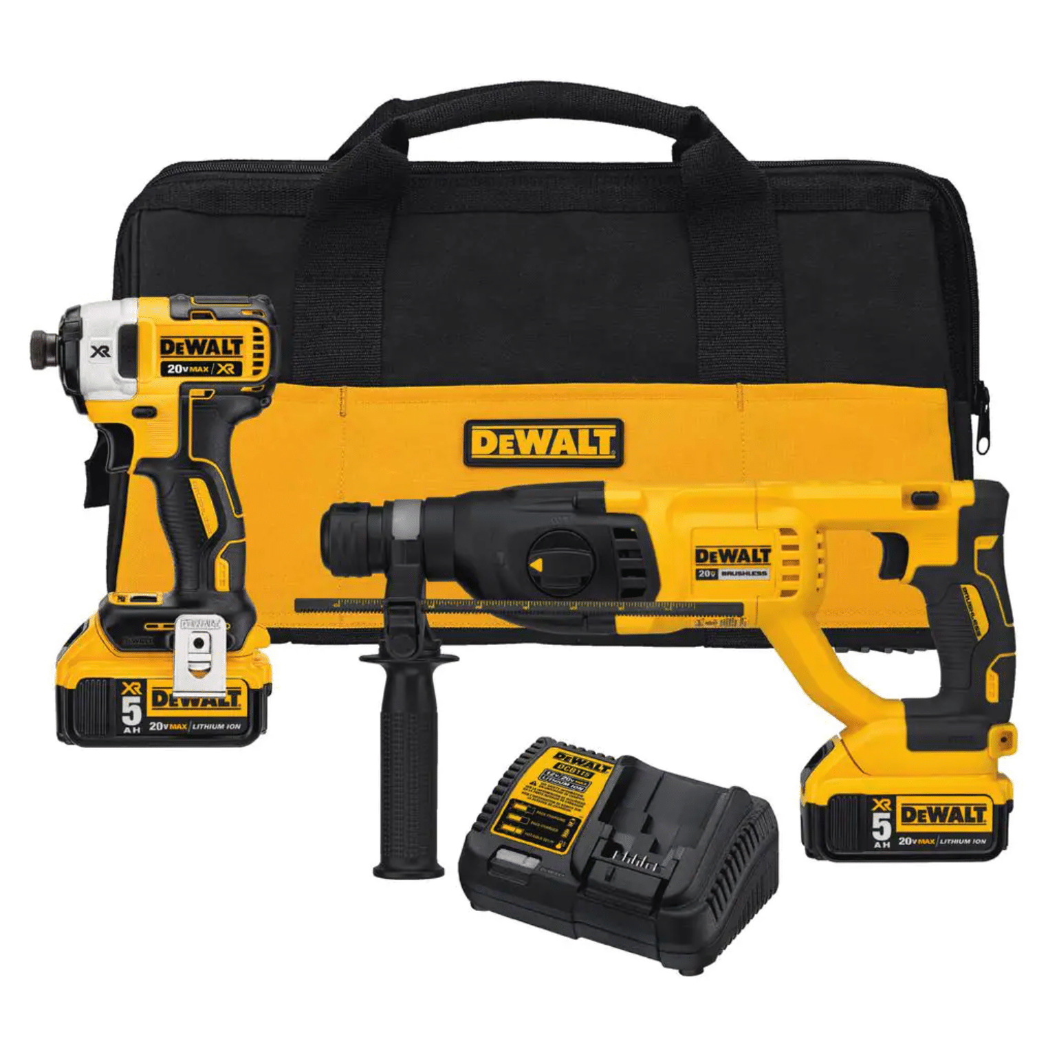 Dewalt 20V Max XR Cordless Impact Driver/Rotary Hammer Combo Kit (2-Tool). (2) 20-Volt 5.0Ah Batteries & Charger
