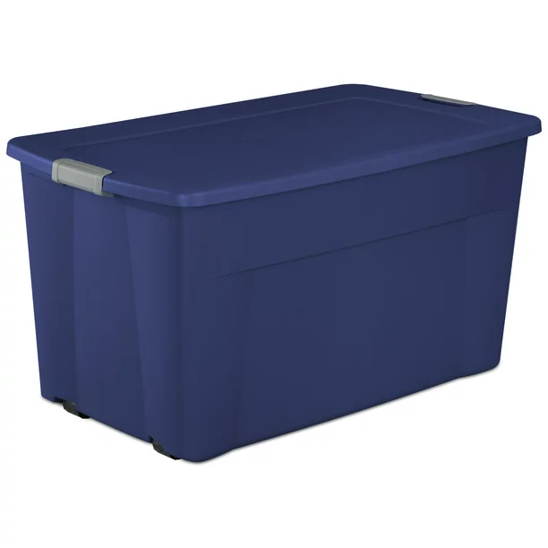 Sterilite 45 Gallon Wheeled Latch Tote Plastic. Stadium Blue. Set of 4