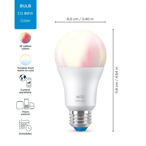 WiZ LED Smart Wi-Fi Connected 60-Watt A19 Color & Tunable White Light Bulb. Dimmable. 4-Pack