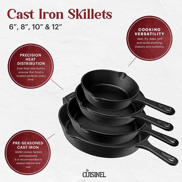 Cuisinel Pre-Seasoned Cast Iron Skillet 4-Piece Complete Chef Set (6-Inch 8-Inch 10-Inch 12-Inch) Oven Safe Cookware