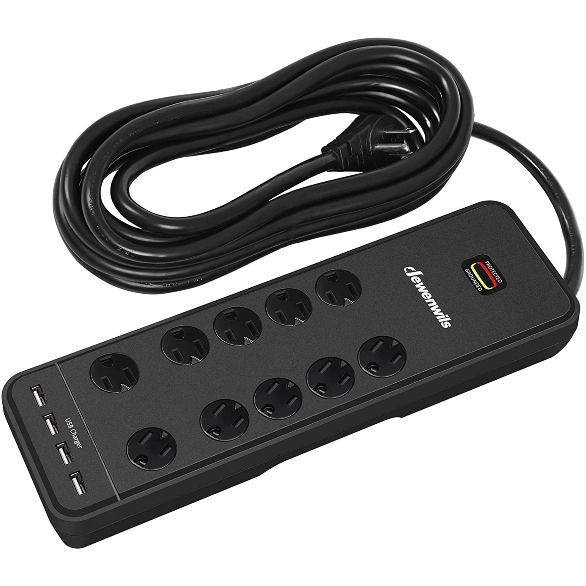 Dewenwils 10-Outlet 4 USB Ports Surge Protector Power Strip with 15-ft Long Extension Cord