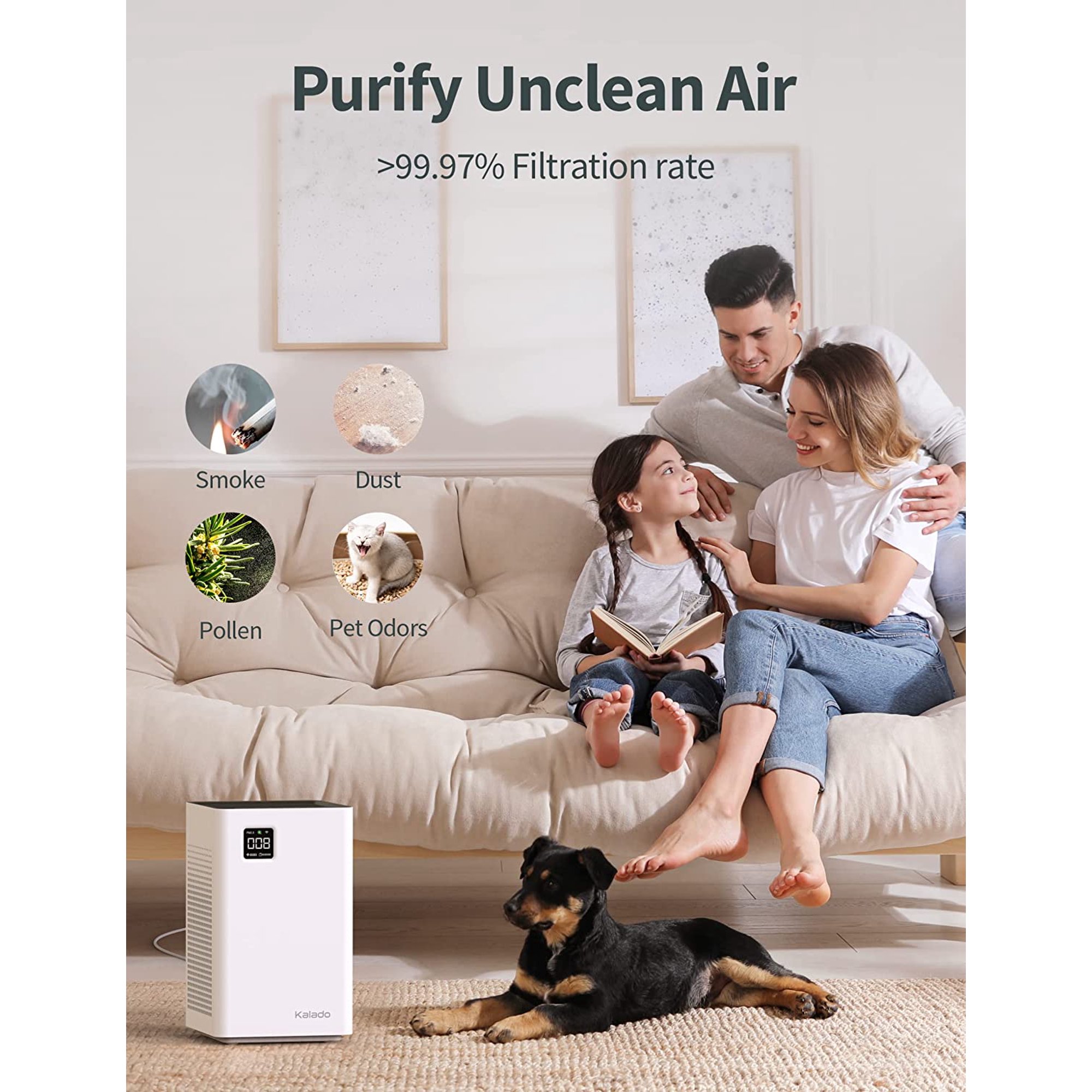 Kalado Air Purifier With Smart Wi-Fi. Double Filter. Voice Control. PM2.5 Detector. Energy Saving