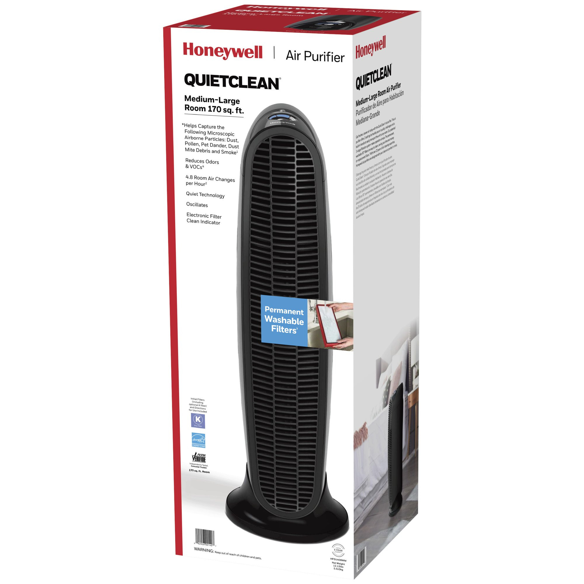 Honeywell HFD140 QuietClean Air Purifier for Medium- Large Rooms (170 Sq. Ft). Black