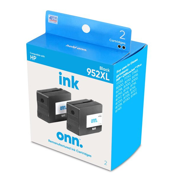 Onn. 952XL HP Standard Yield Remanufactured Ink Cartridges. Black. 2 Count