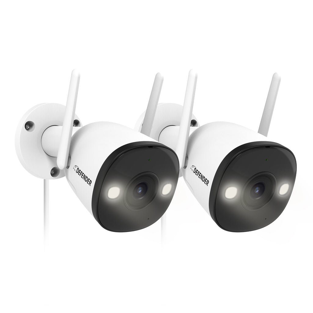 Defender Guard Pro 2K WiFi. Plug-in Power Security Camera with Color Night Vision. Two-Way Talk. 32 GB SD Cards. 2 Pack