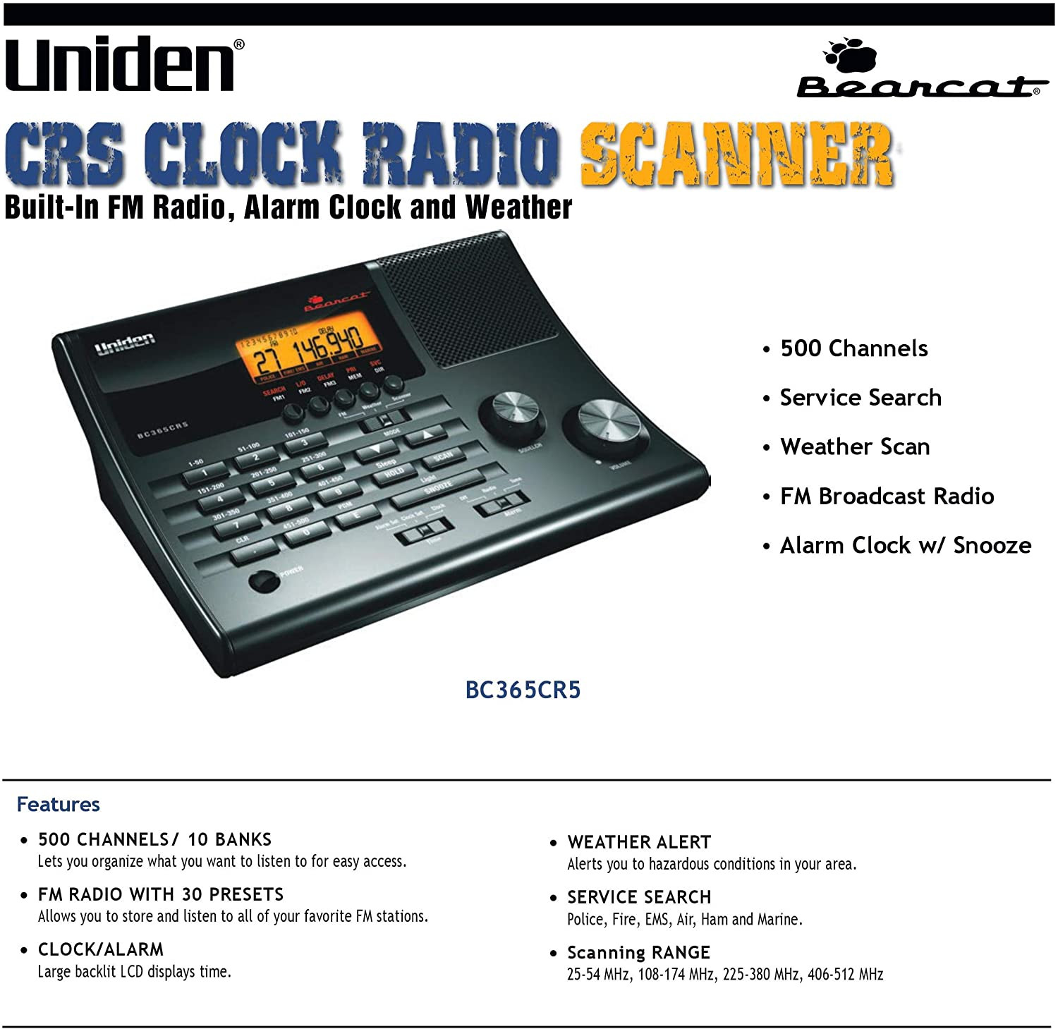 Uniden BC365CRS Alarm Clock 500-Channel Radio Scanner With Weather Alert
