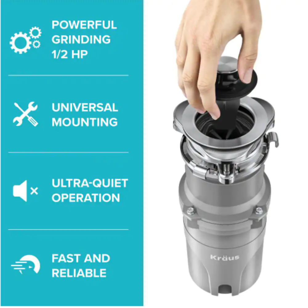 Kraus Loften 1/2 HP Continuous Feed Garbage Disposal with Power Cord and Flange Included and Universal Mount