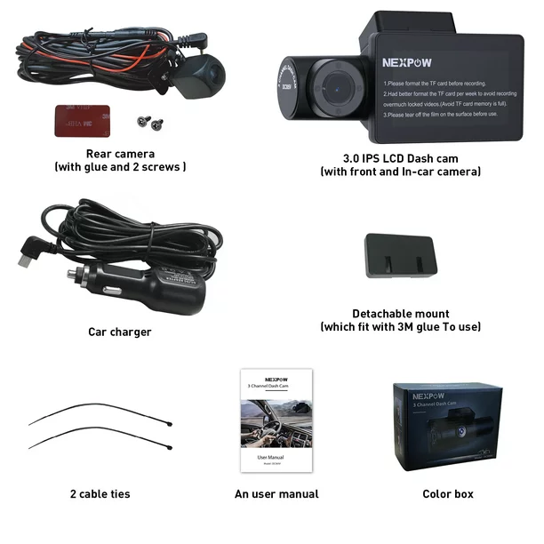 Nexpow 3 Channel 4K Dash Cam. 4K+1080P Front and Rear. 4K+1080P Front and Inside