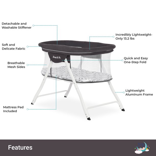 Dream On Me Poppy Traveler Portable Bassinet. Dark Grey