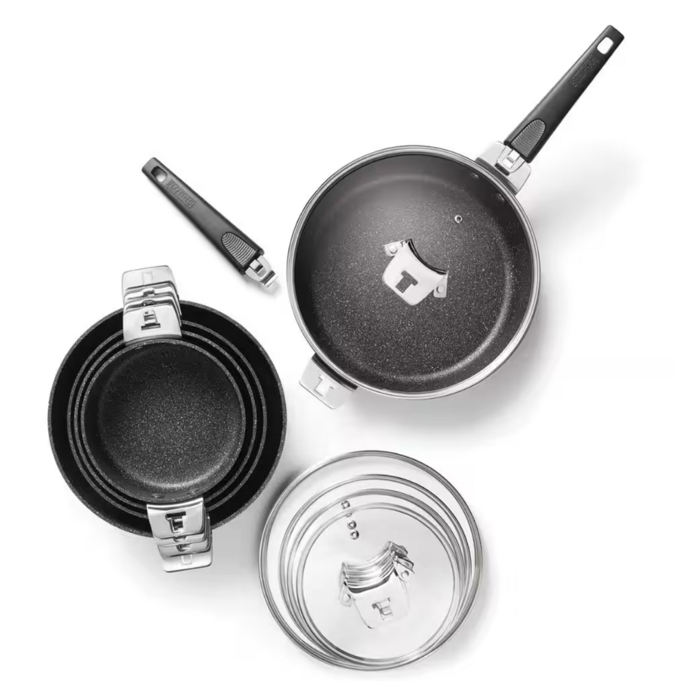 The Rock By Starfrit 12-Piece Aluminum Space-Saving Cookware Set with T-Lock Detachable Handles