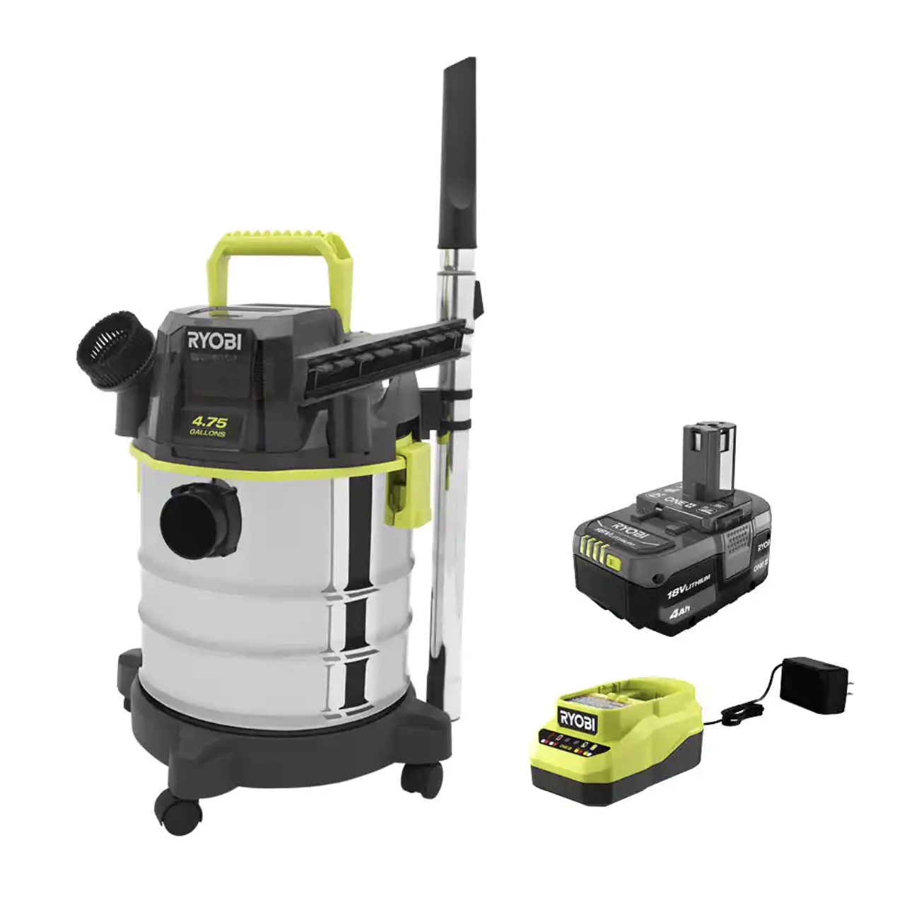 Ryobi One+ 18V Cordless 4.75 Gal. Wet/Dry Vacuum Kit with 4.0 Ah Battery and Charger