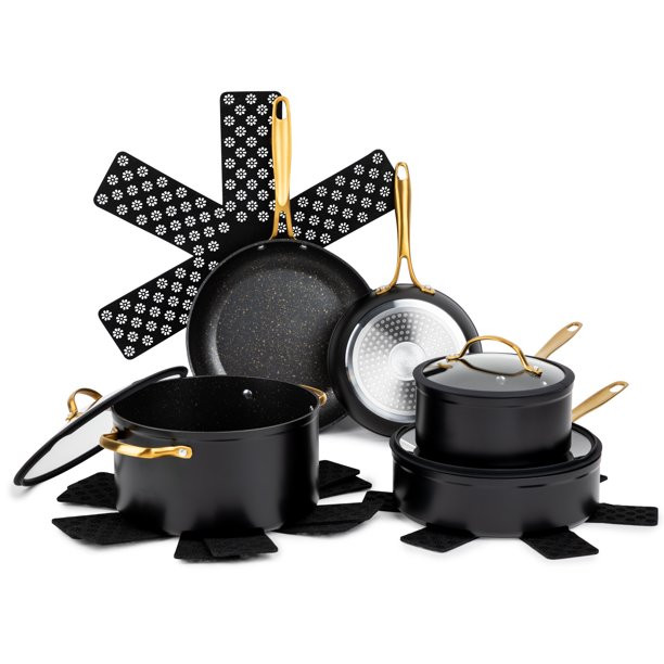 Thyme & Table Non-Stick 12 Piece Gold Pots And Pans Cookware Set. Gold