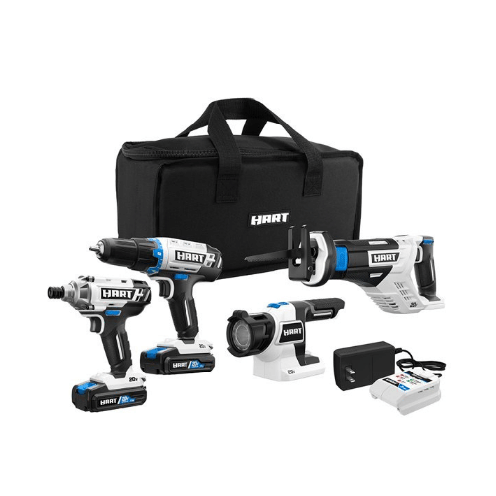 Hart 20-Volt Cordless 4-Tool Combo Kit. 2 1.5Ah Lithium-Ion Batteries. 16-Inch Storage Bag