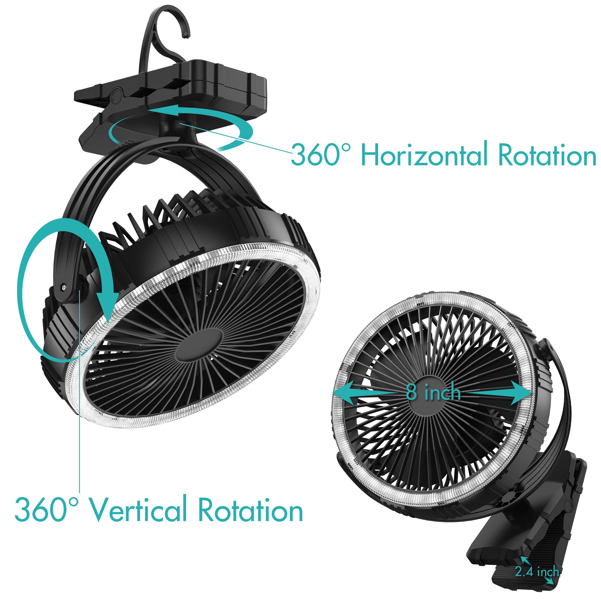 Panergy 10000mAh Camping Fan with LED Light. 8 inch Rechargeable Clip-on Fan