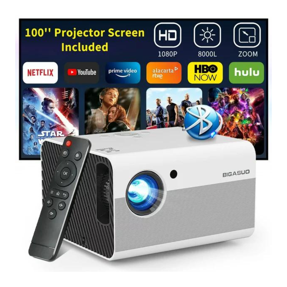 Bigasuo Native 1080P Bluetooth Projector.Portable Mini Home Video Projector With Hifi Stereo