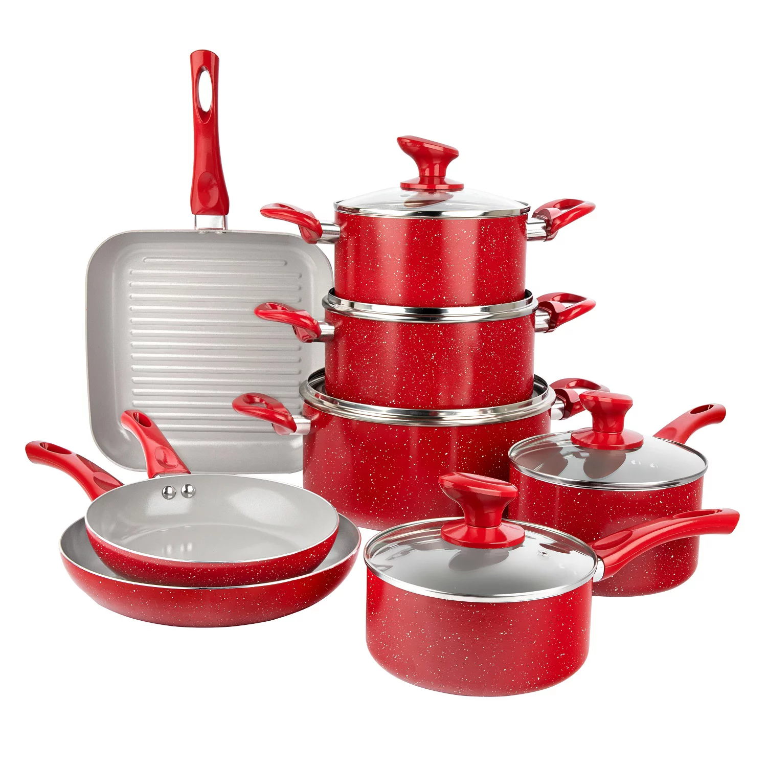 Granitestone Diamond Farmhouse 13 Piece Pots and Pans Set. Nonstick Cookware Set. Red