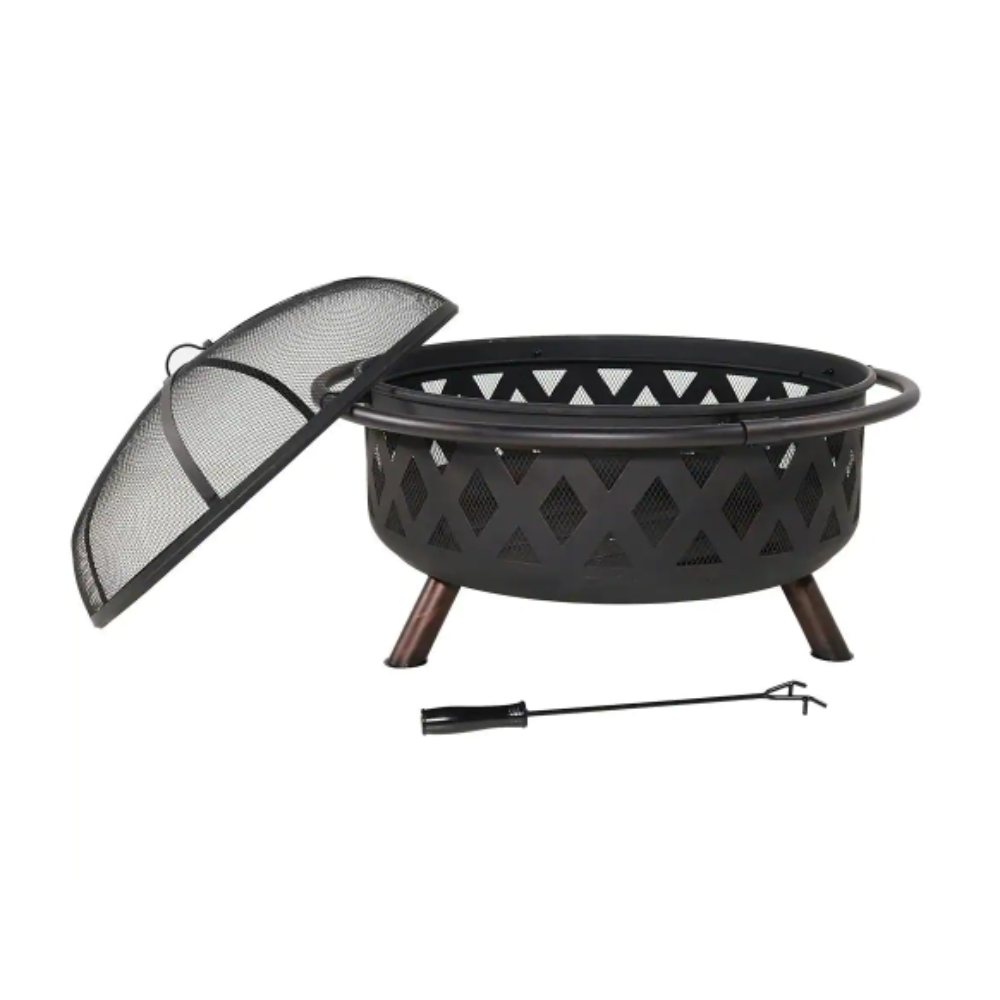 Sunnydaze Decor Black Cross Weave 36 in. x 24 in. Round Steel Wood Burning Fire Pit with Spark Screen