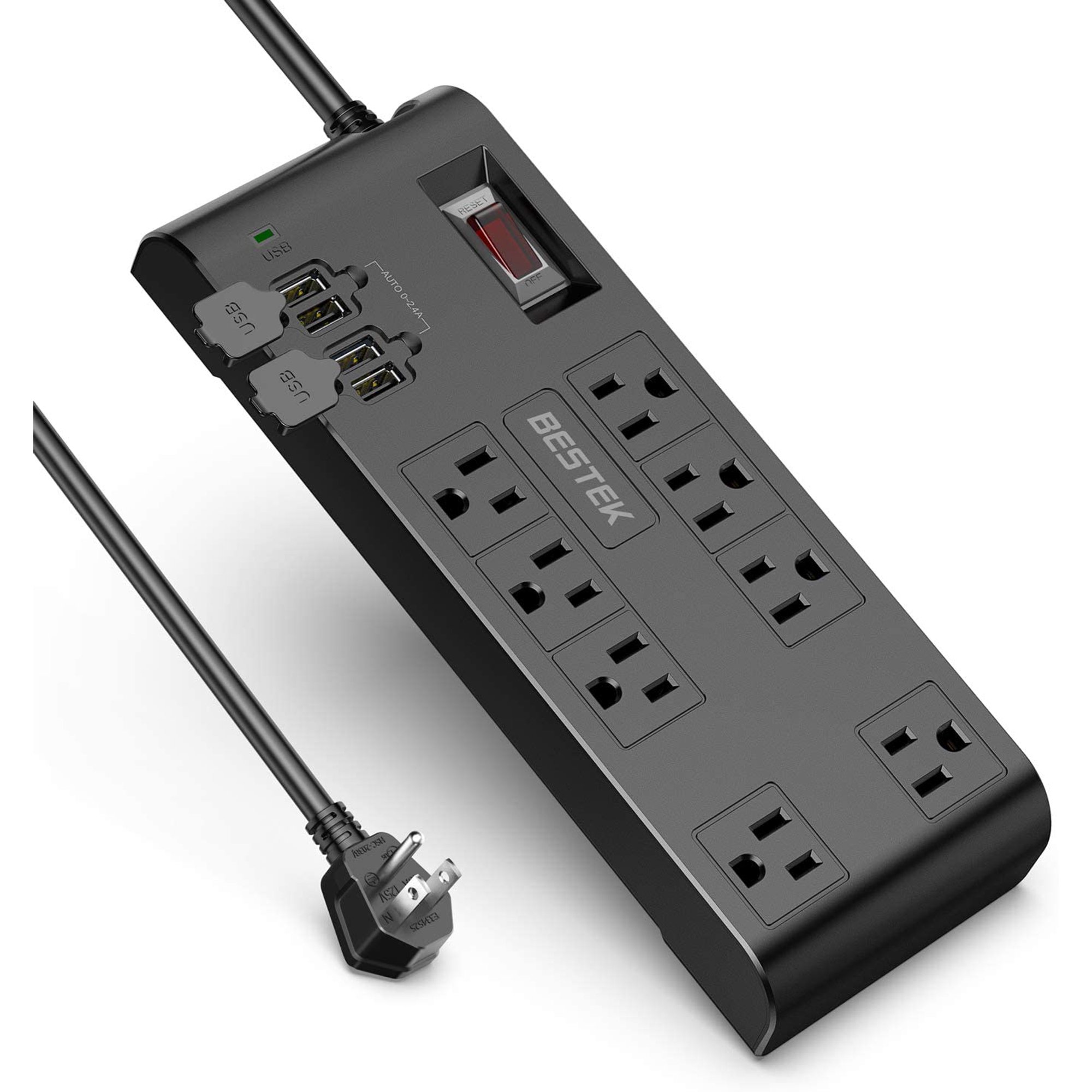 Bestek 8-Outlet Surge Protector Power Strip 12 Feet Heavy Duty Extension Power Cords. 4.2A 4-Port USB Charging Station. Black