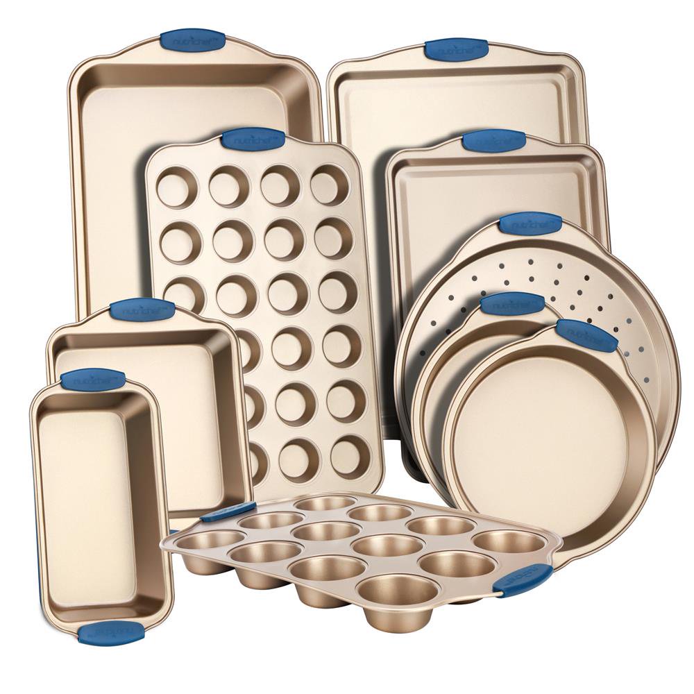 NutriChef 10-pcs Kitchen Oven Baking Pans. Deluxe Nonstick Gold Coating Carbon Steel Bakeware Set with Blue Silicone Handles