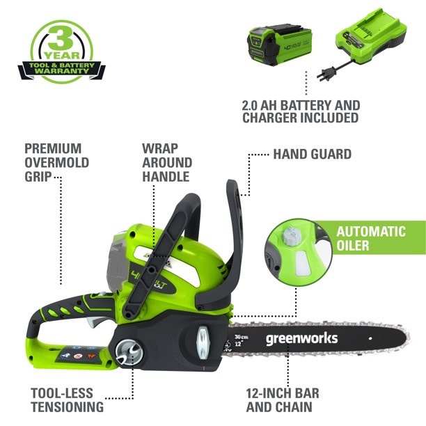 Greenworks 40V 12-inch Cordless Chainsaw With 2.0 Ah Battery And Charger. 2000219