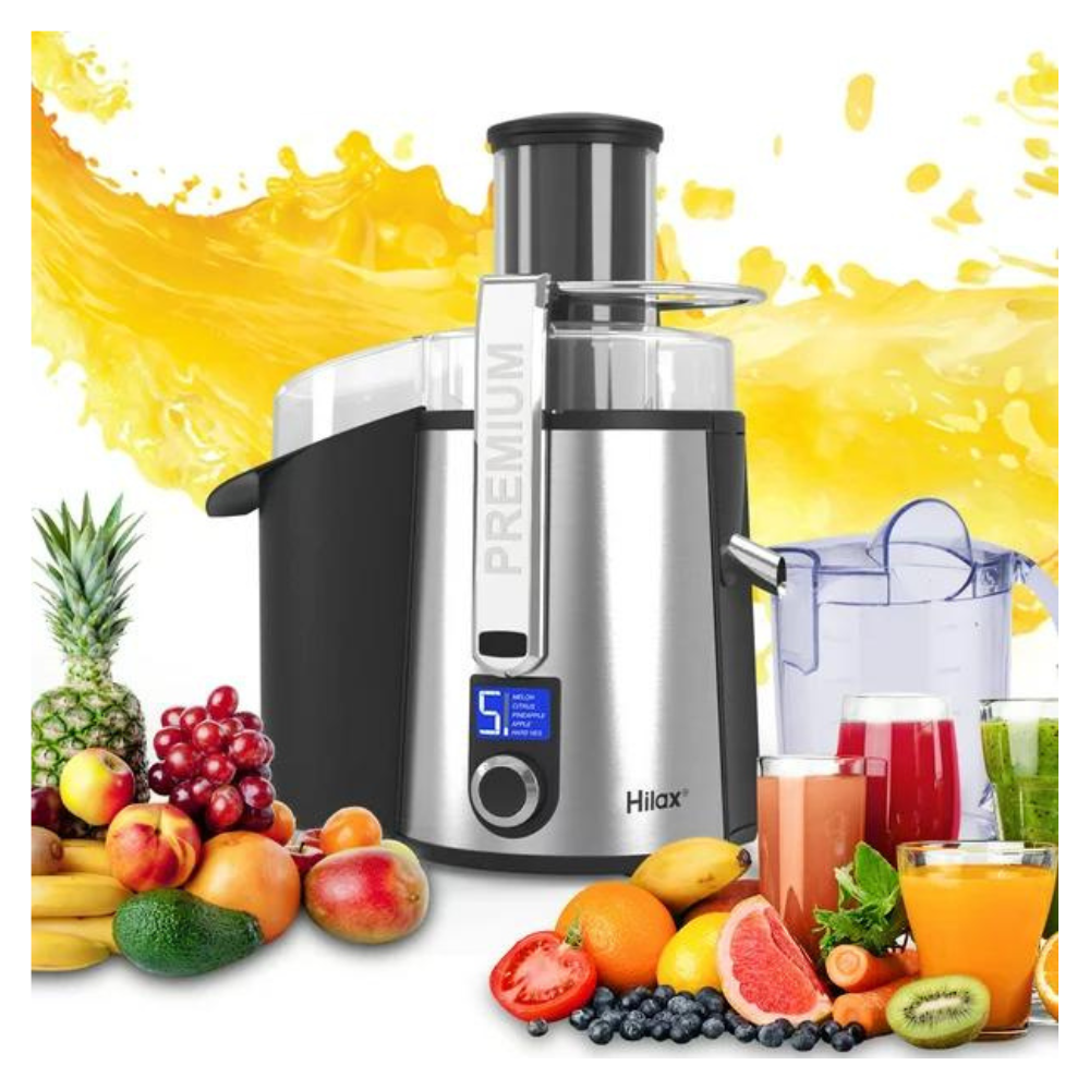 Hilax Centrifugal Juicer Machine - LCD Monitor 1100W Juice Maker Extractor. 5-Speed Juice Processor Fruit and Vegetable. Sliver