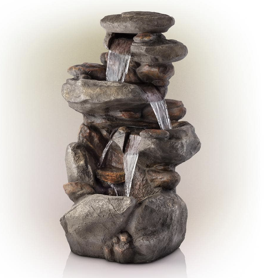 Alpine Corporation 40 in. Tall Outdoor 4-Tier Rock Water Fountain with LED Lights