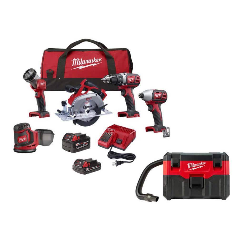 Milwaukee M18 18V Lithium-Ion Cordless Combo Kit (5-Tool) w/(2) Batteries, Charger & Bag w/M18 2 gal. Wet/Dry Vacuum