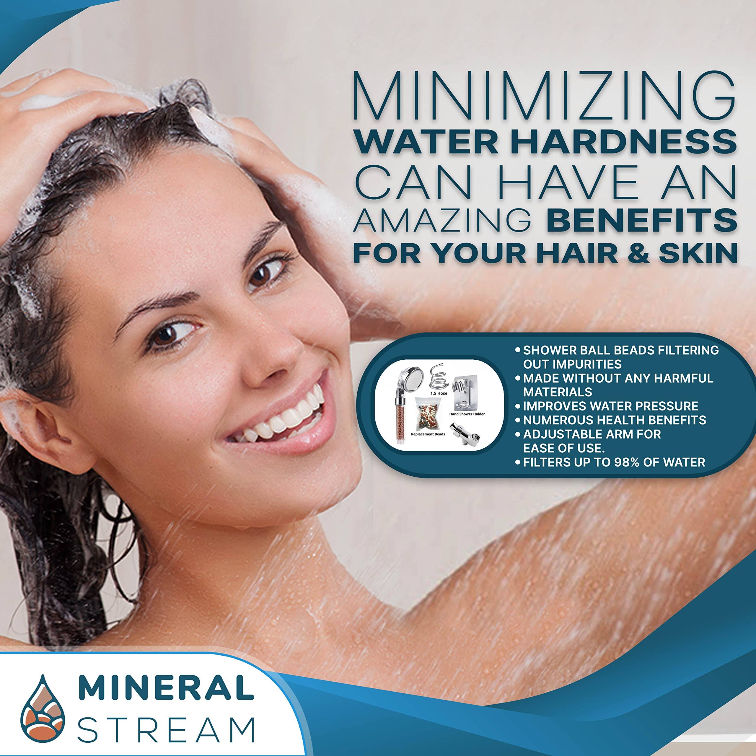 Mineral Stream Ionic Shower Head Full Kit with Replacement Beads + Hose + Shower Holder & Arm Diverter| 3 Settings High Pressure Water Saving