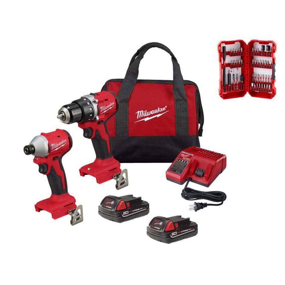 Milwaukee M18 18V Lithium-Ion Brushless Cordless Compact Drill/Impact Combo Kit (2-Tool) with Shockwave Screw Driver Bit Set