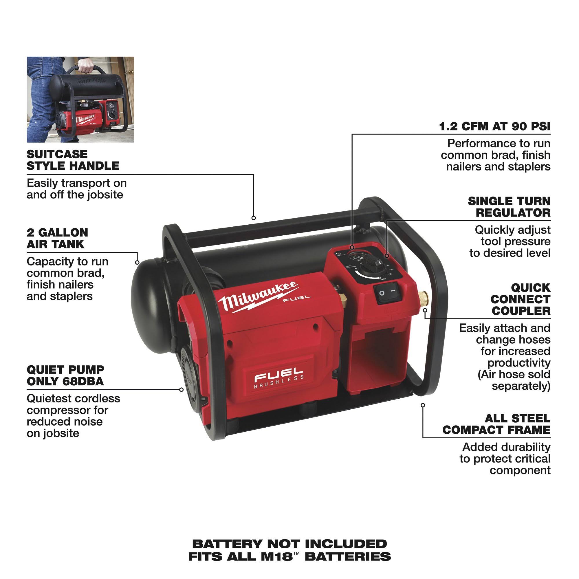 Milwaukee 2840-20- M18 Fuel 2 Gallon Compact Quiet Compressor