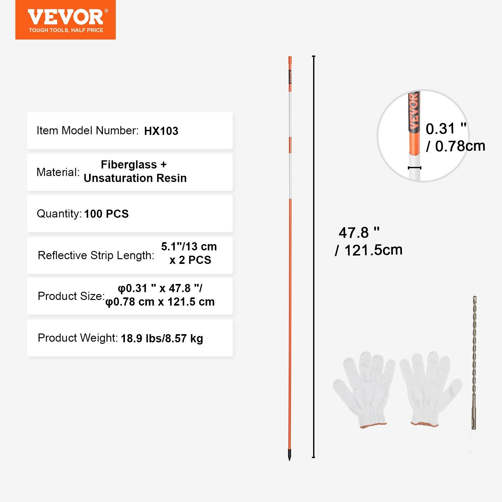 VEVOR Driveway Markers 48 inch 0.4 inch Diameter Orange Fiberglass Poles Snow Stakes with Reflective Tape- 100 Pack