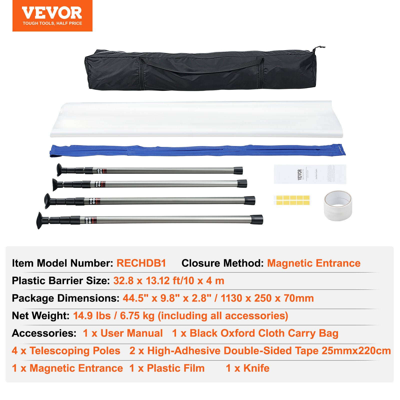 VEVOR Dust Barrier Poles, 10 ft Spring Barrier Loaded Poles, Dust Barrier System with 4 Telescoping Poles, Magnetic Zipper, Carry Bag and 32.8x13.12