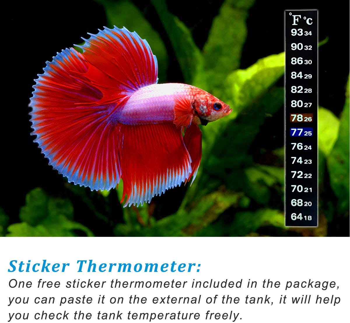 Pulaco 25W Small Aquarium Betta Heater with Free Thermometer Strip Under 6 Gallon Fish Tanks (Preset Temperature 78)