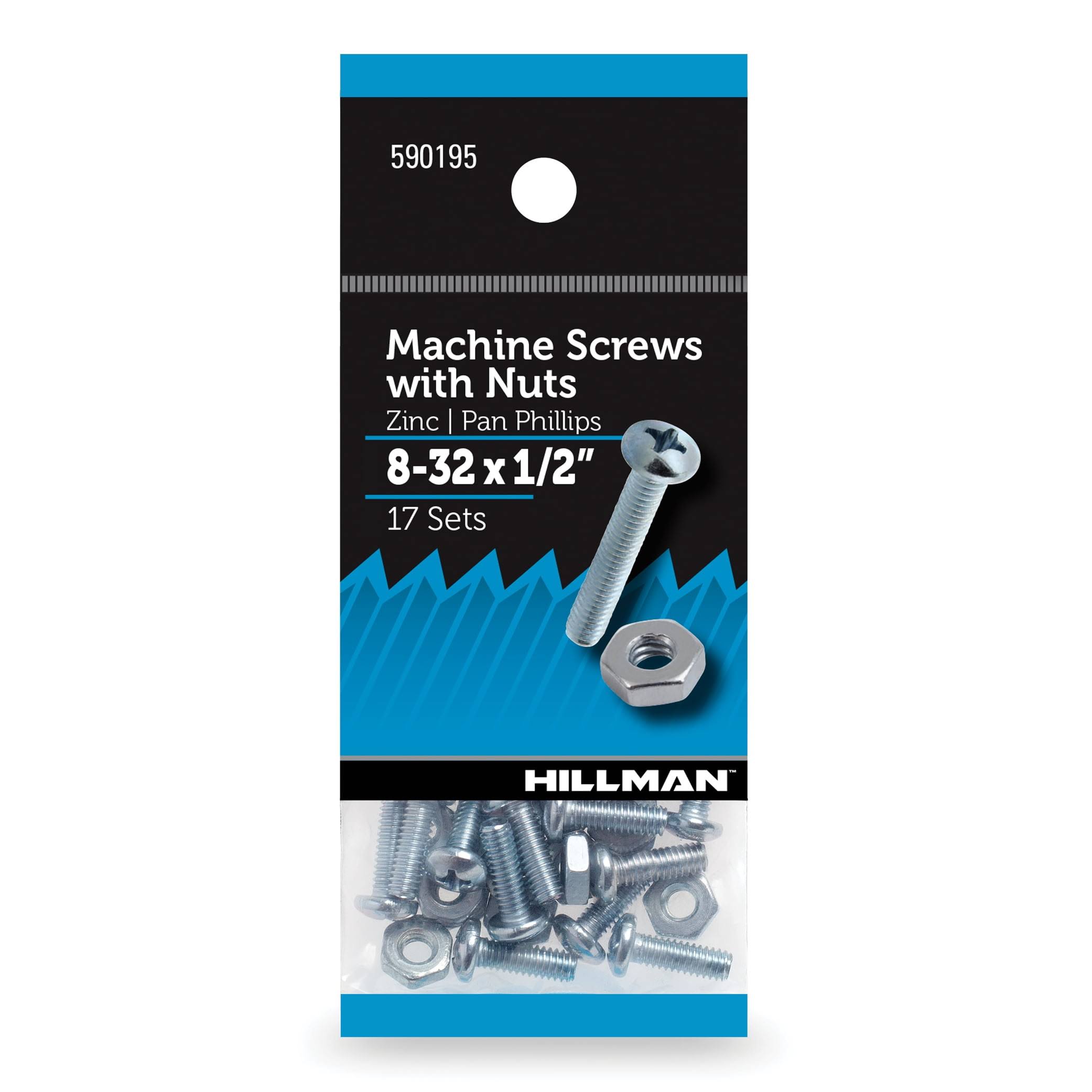 Hillman Machine Screws with Nuts, 8-32 x 1/2 inch, Pan Phillips, Zinc Plated, Steel, 17 Sets 590195