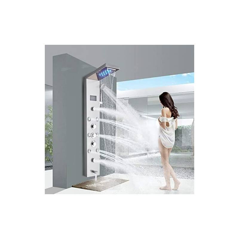 Fuz Contemporary Shower Panel Tower System Stainless Steel 6-Function Faucet LED Rainfall Waterfall Shower Head + Handheld Sprayer + Rain Massage