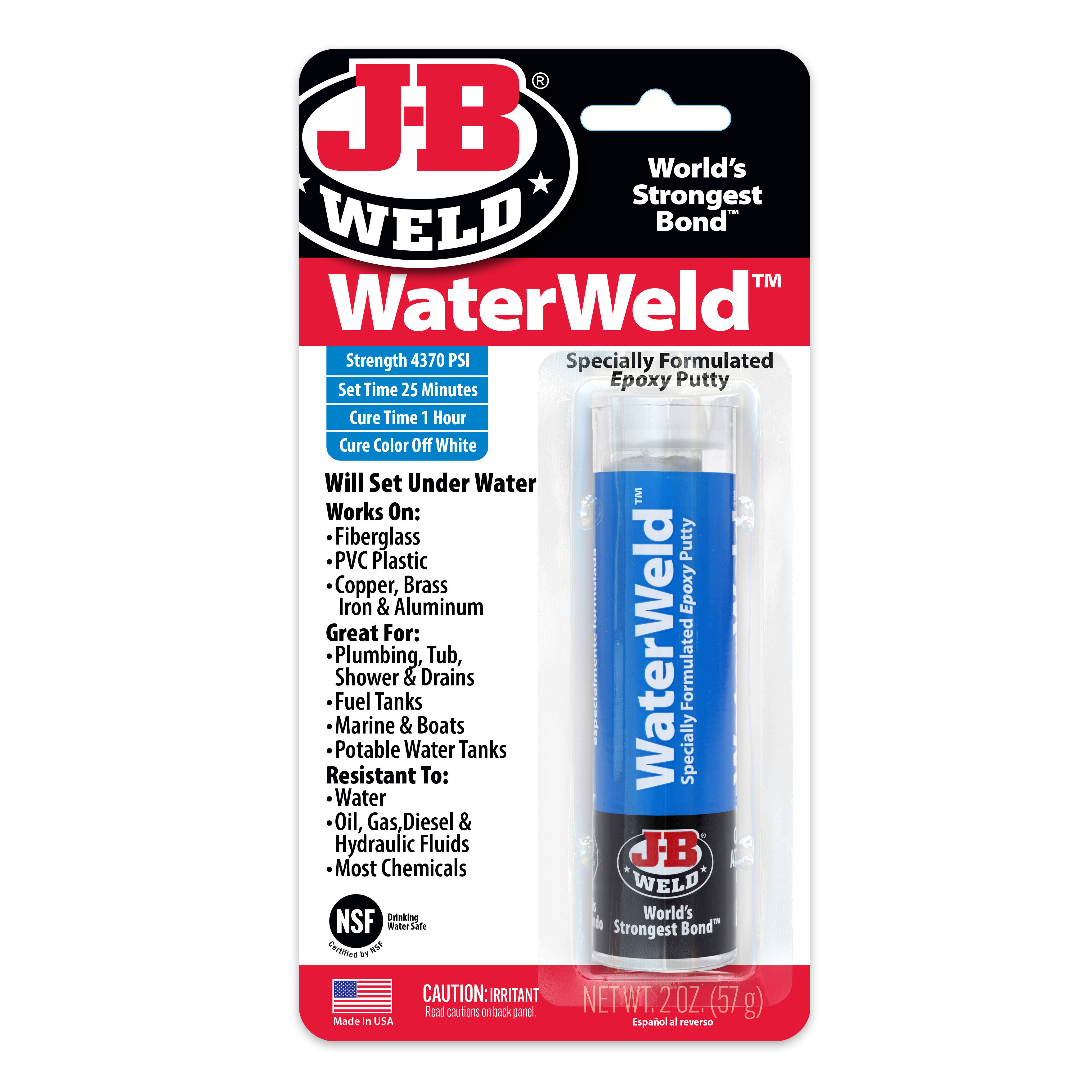 J-B Weld WaterWeld Epoxy Adhesive, Off-White, Underwater- 2 oz stick