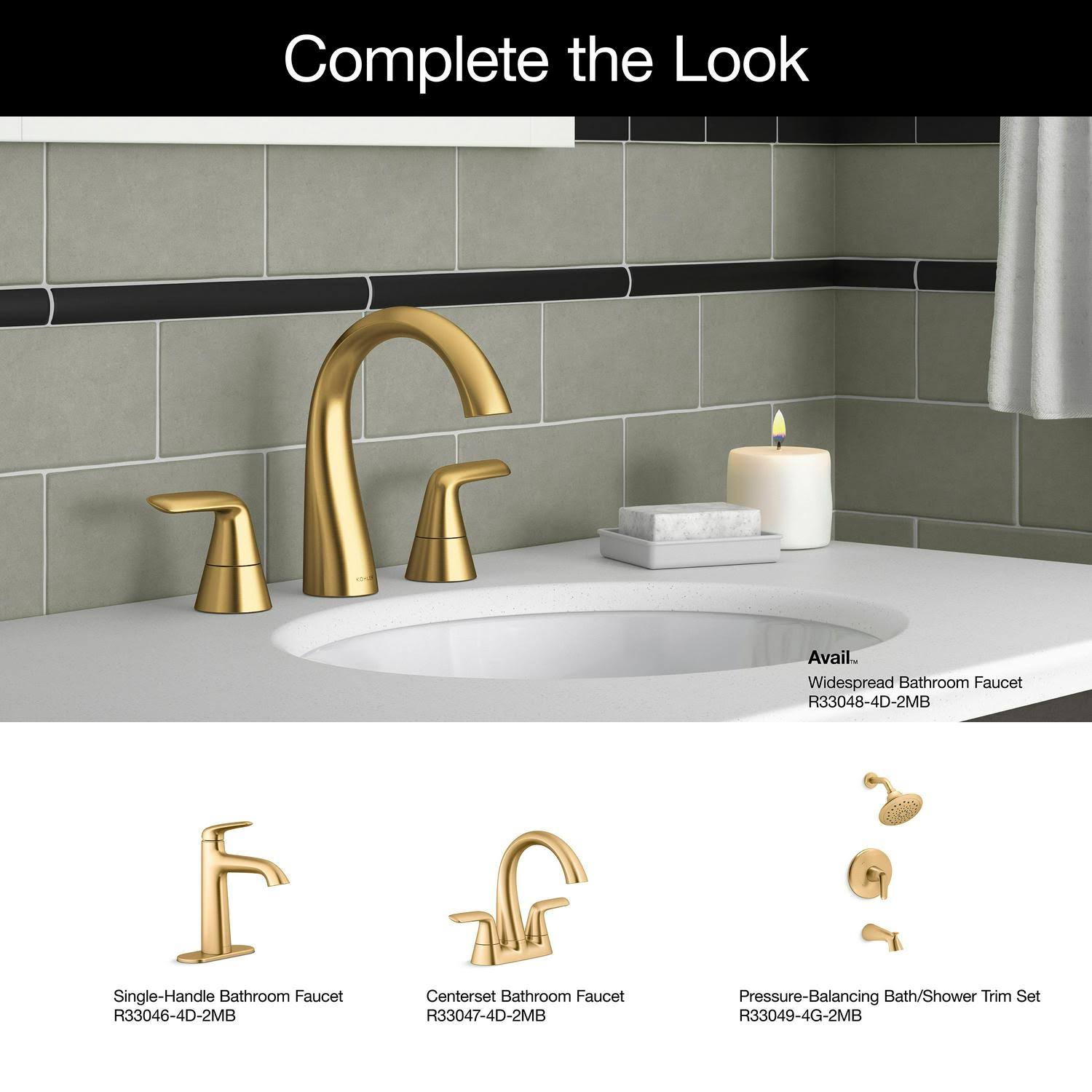 Kohler Avail Vibrant Moderne Brushed Brass 2-Handle Widespread WaterSense Bathroom Sink Faucet with Drain