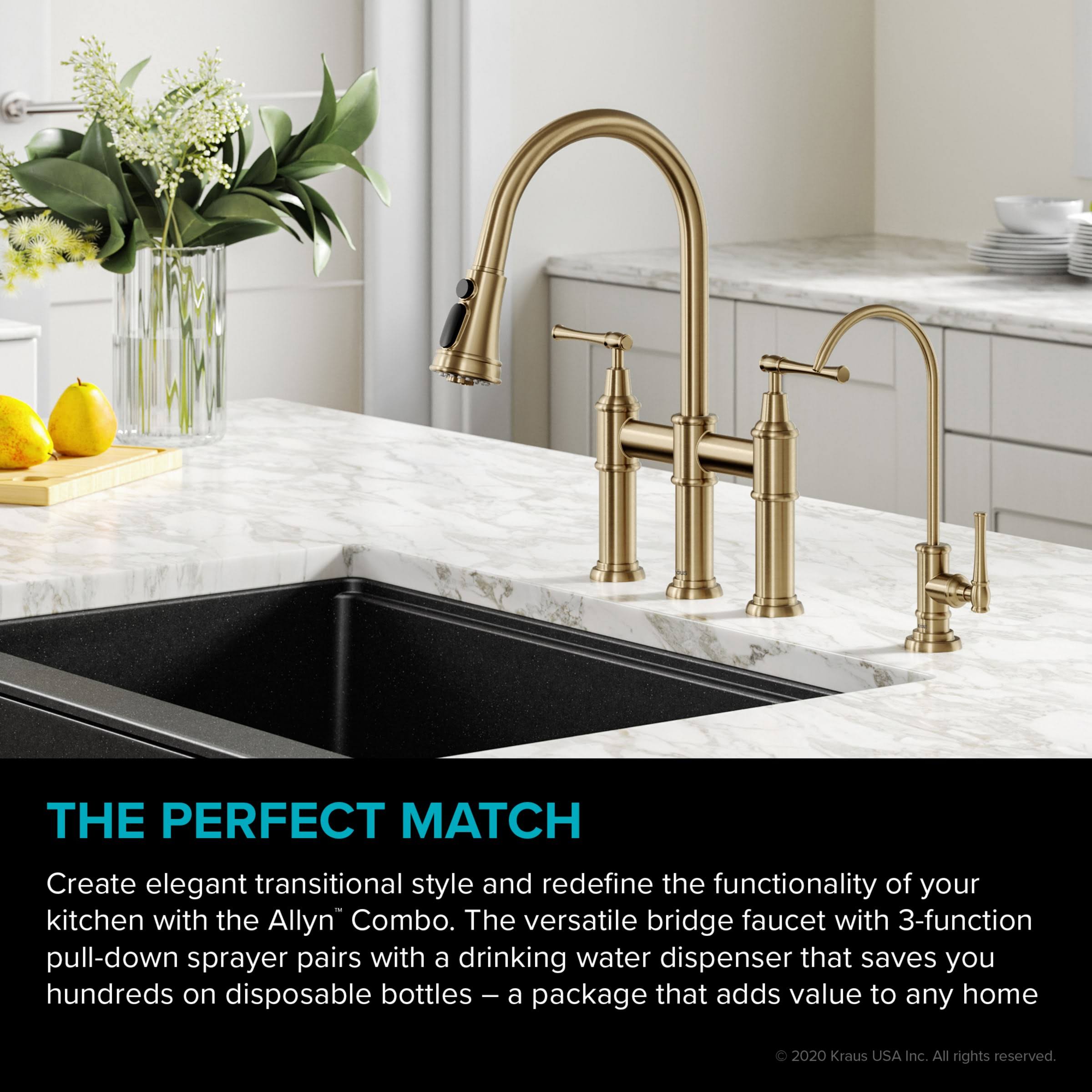 Kraus Allyn Transitional Bridge Kitchen Faucet and Water Filter Faucet Combo, Brushed Gold KPF-3121-FF-102BG